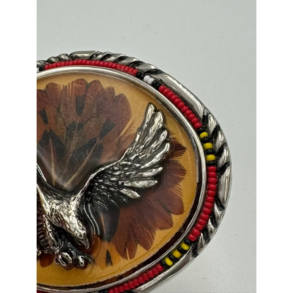 Vintage Western Eagle Feather Resin Belt Buckle Beaded Rope Edge Silver Tone